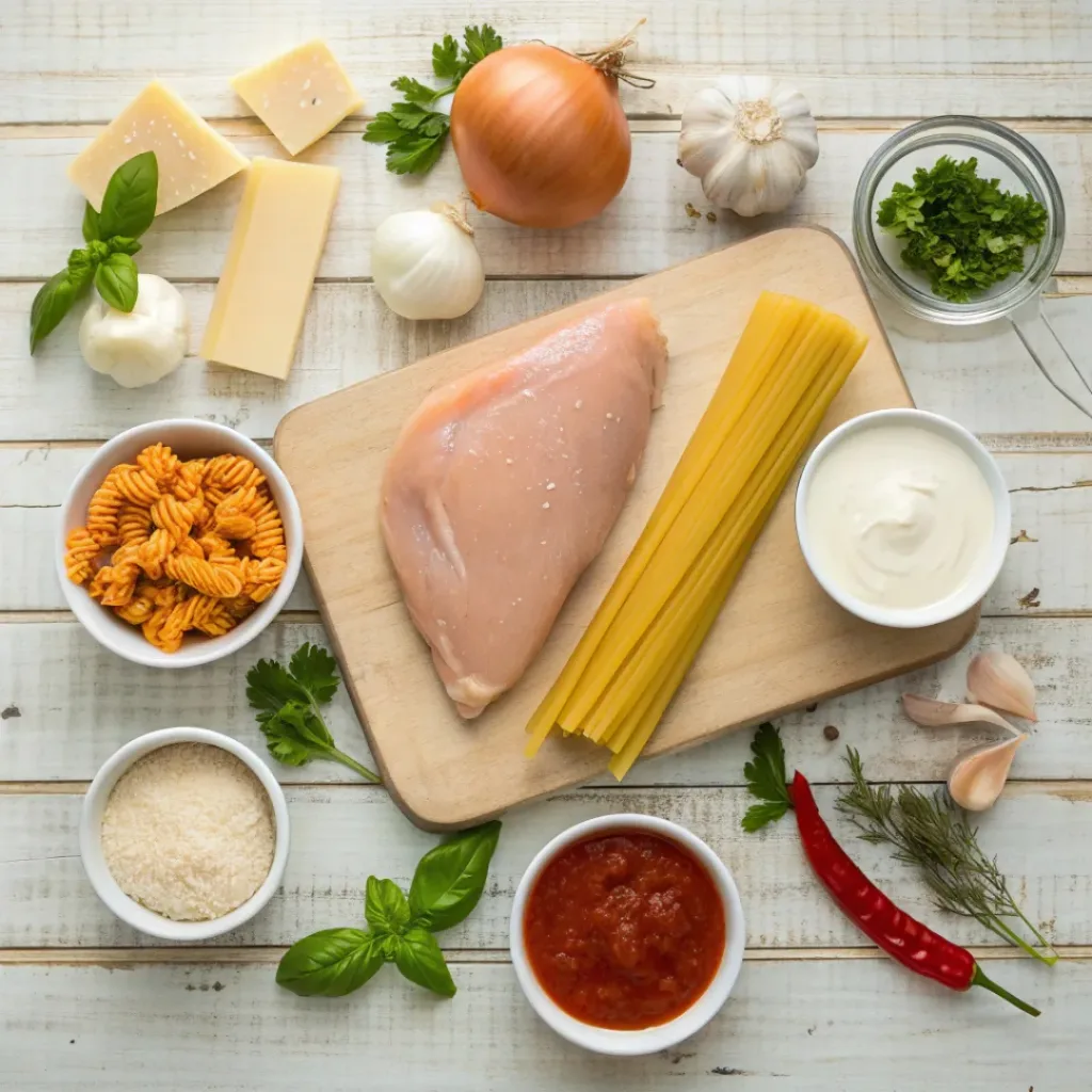 Homemade Chicken Parmesan Soup with Pasta 6 Flat lay of ingredients for chicken parmesan soup