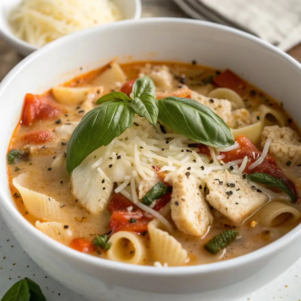 Homemade Chicken Parmesan Soup with Pasta 8 Bowl of Chicken Parmesan Soup garnished with Parmesan and basil