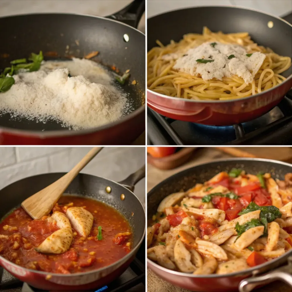 Homemade Chicken Parmesan Soup with Pasta 7 Step-by-step collage showing chicken parmesan soup preparation