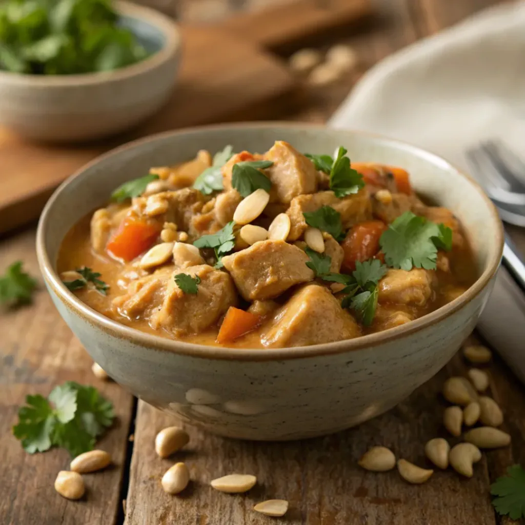 Home 9 Bowl of chicken peanut stew with peanuts and cilantro