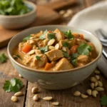 Bowl of chicken peanut stew with peanuts and cilantro