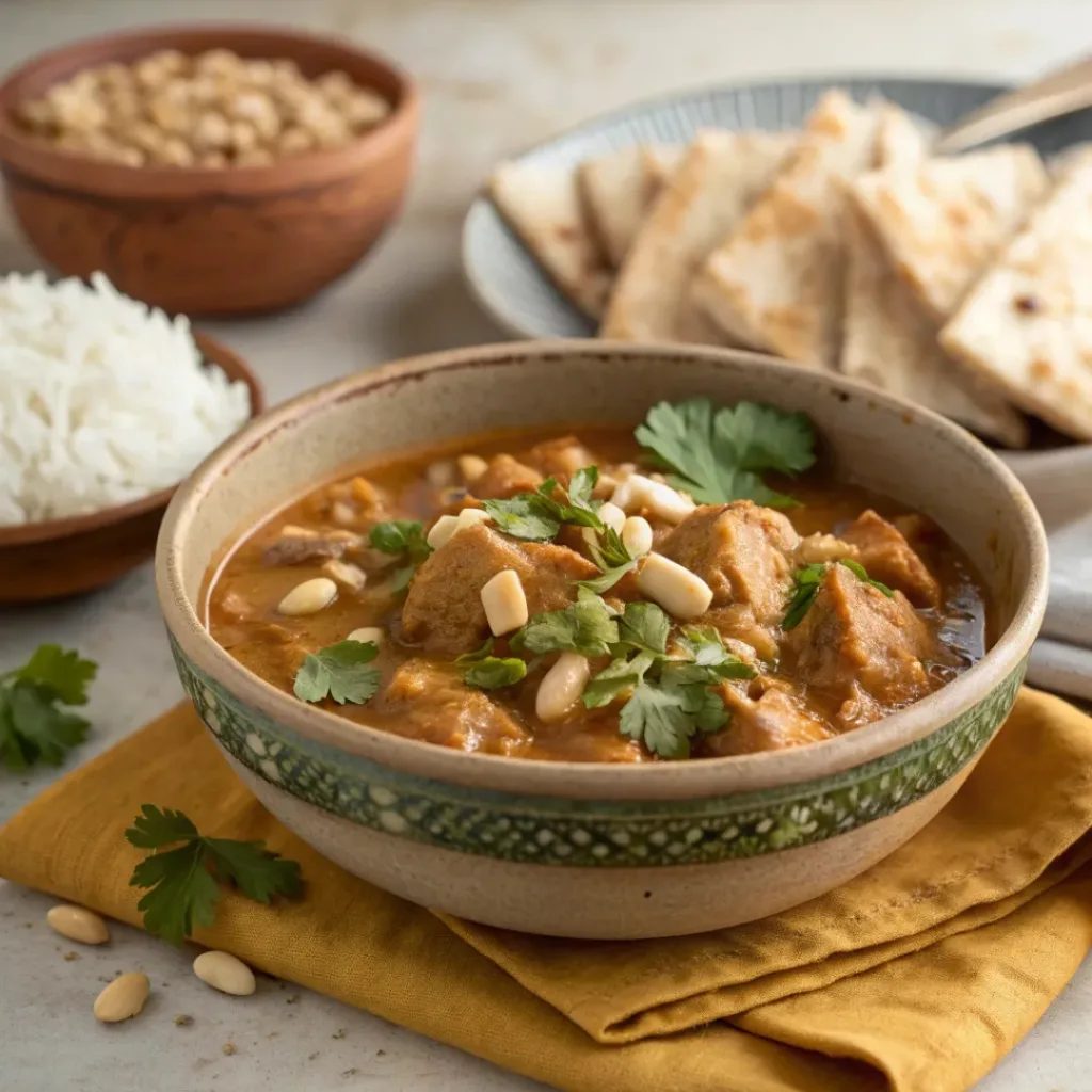 Chicken peanut stew plated with rice and garnished with peanuts