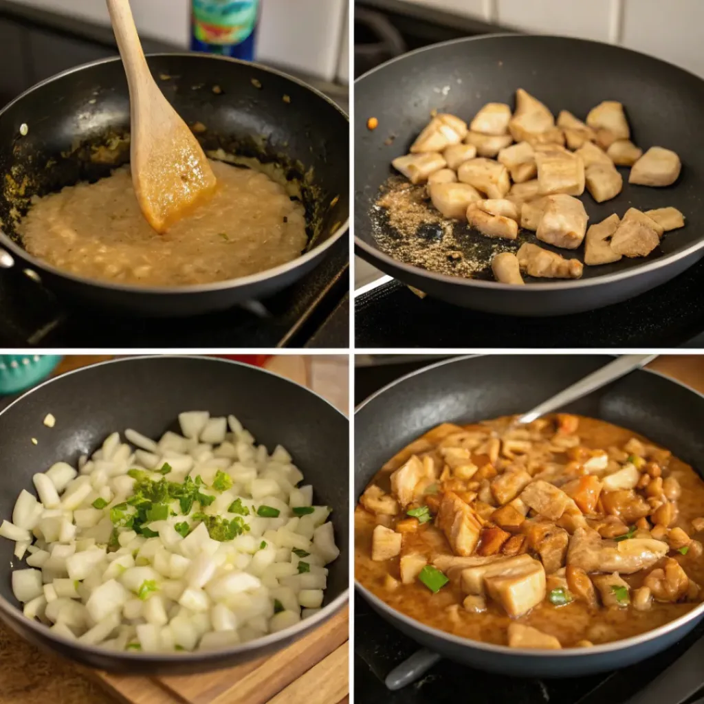 Step-by-step collage showing preparation of chicken peanut stew