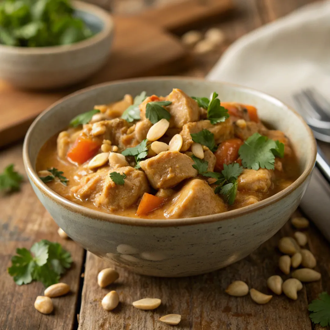 Bowl of chicken peanut stew with peanuts and cilantro