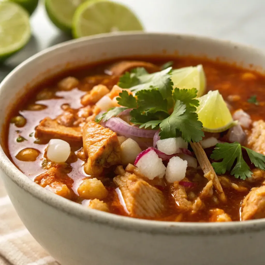 Bowl of chicken posole stew with hominy and garnishes