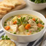 Bowl of creamy Chicken Pot Pie Soup with vegetables
