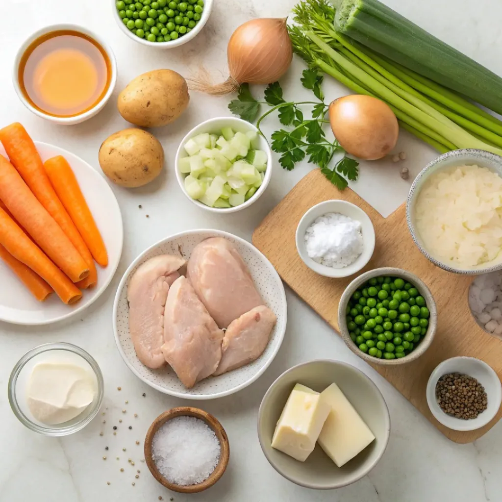 Creamy Chicken Pot Pie Soup 6 Ingredients needed to make Chicken Pot Pie Soup.