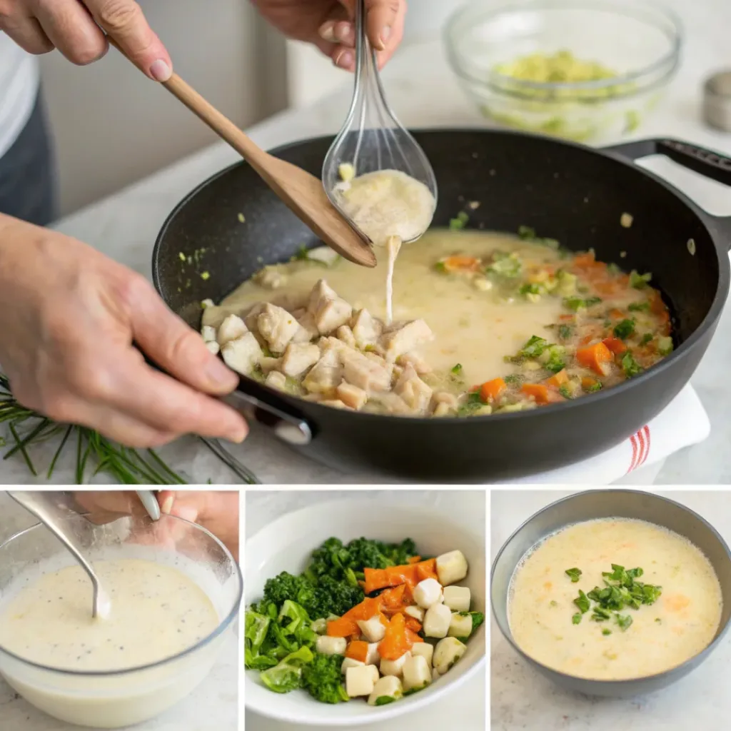 Creamy Chicken Pot Pie Soup 7 Collage showing steps to make Chicken Pot Pie Soup