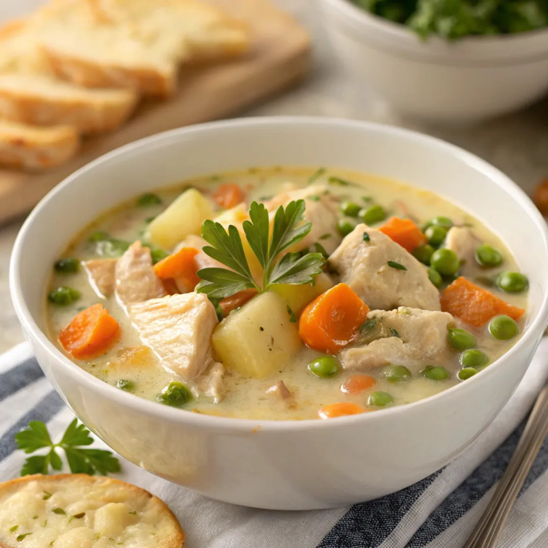 Bowl of creamy Chicken Pot Pie Soup with vegetables
