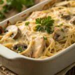 Baked chicken tetrazzini casserole with creamy sauce, chicken, mushrooms, and golden cheese
