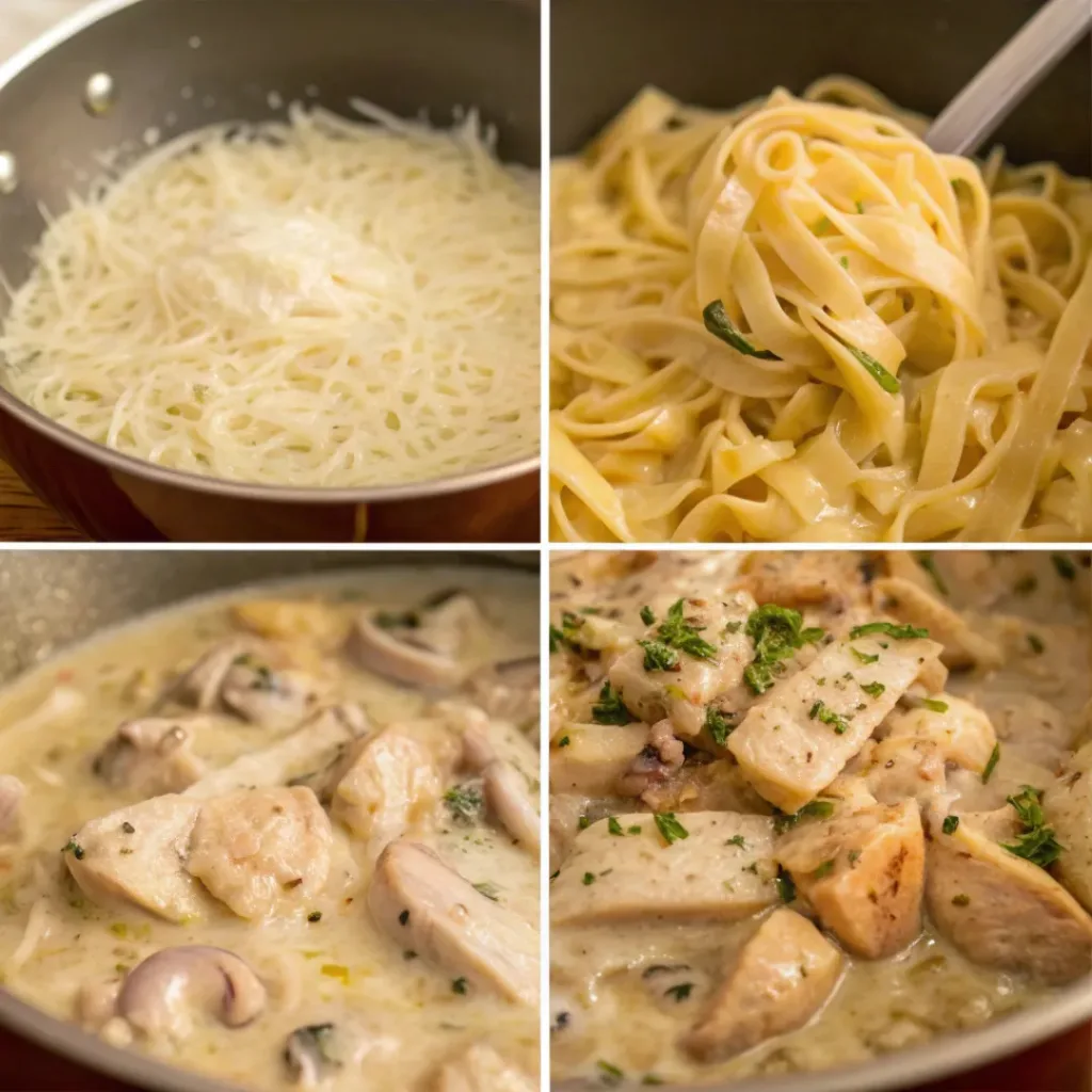 Step-by-step collage showing preparation of chicken tetrazzini casserole