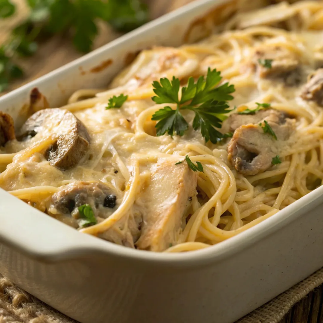 Baked chicken tetrazzini casserole with creamy sauce, chicken, mushrooms, and golden cheese