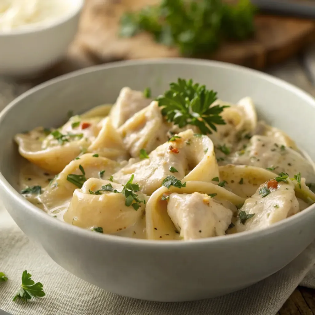 Bowl of creamy Chicken Tortellini garnished with parsley