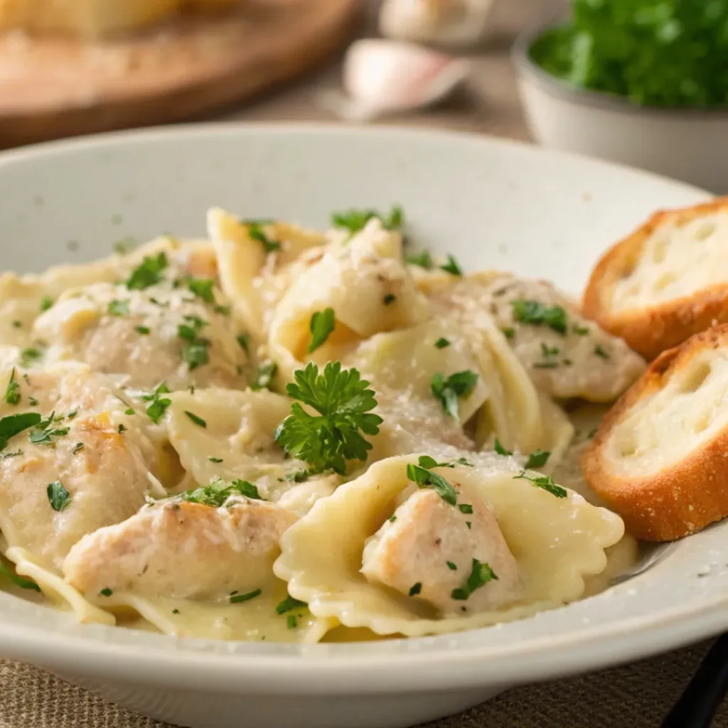 Creamy Chicken Tortellini 8 Plated Chicken Tortellini served with a side of garlic bread