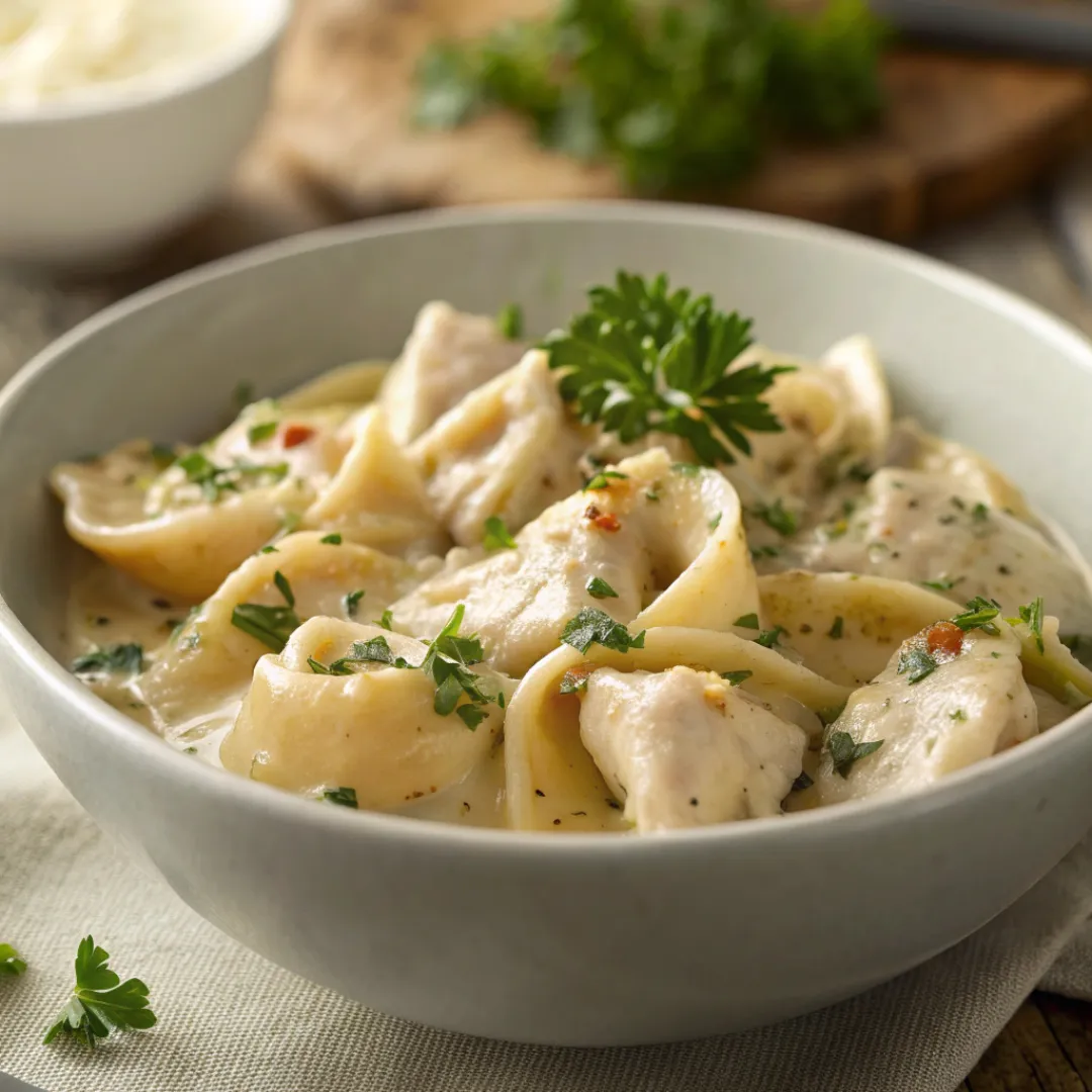 Bowl of creamy Chicken Tortellini garnished with parsley