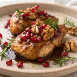 Chicken with pomegranate glaze, walnuts, and seeds