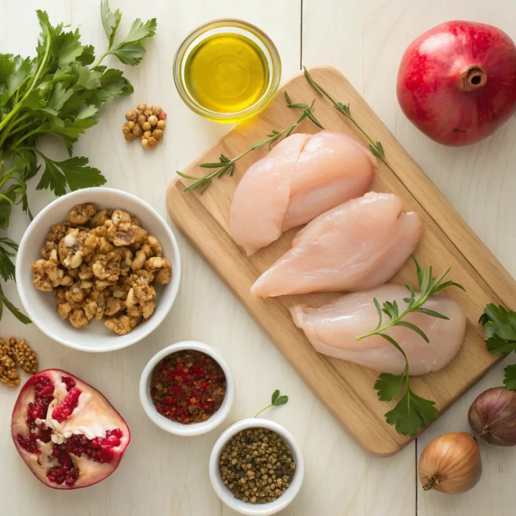 Overhead flat lay of ingredients for chicken with walnuts and pomegranate