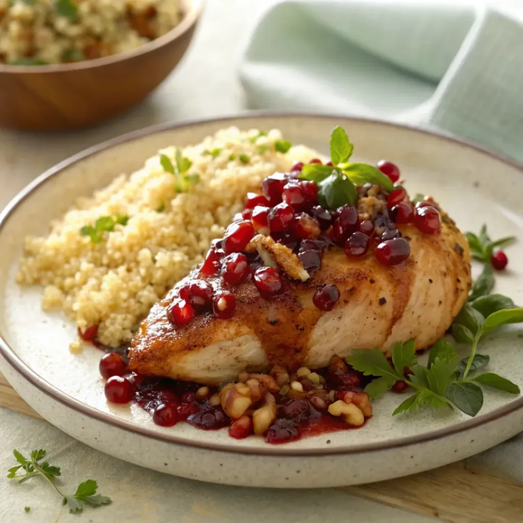 Chicken with pomegranate glaze, walnuts, and pomegranate seeds plated with rice