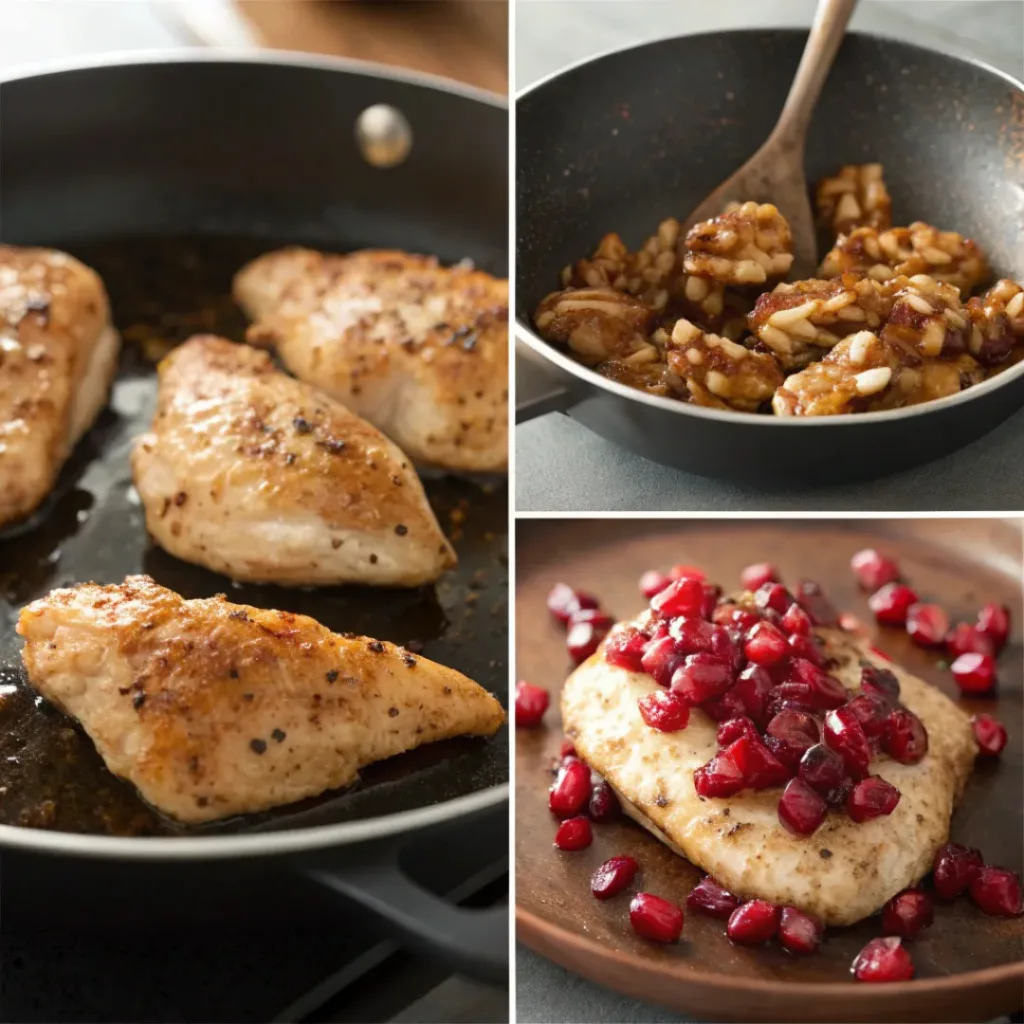 Step-by-step collage showing preparation of chicken with walnuts and pomegranate