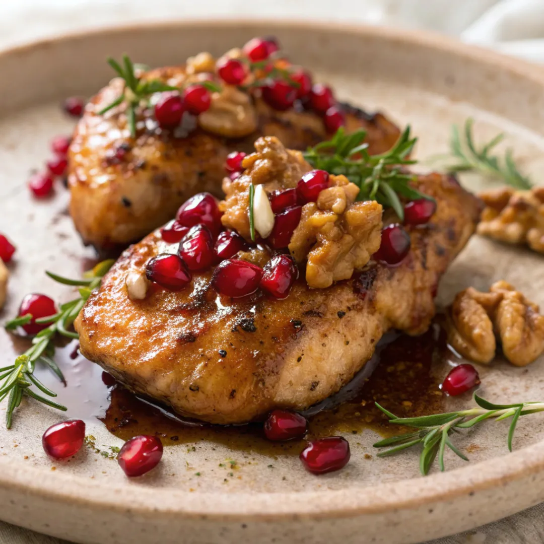 Chicken with pomegranate glaze, walnuts, and seeds