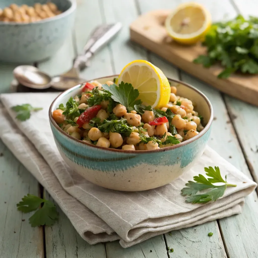 Healthy Chickpea Salad – Protein-Packed Delight 8 Bowl of chickpea salad garnished with parsley and lemon