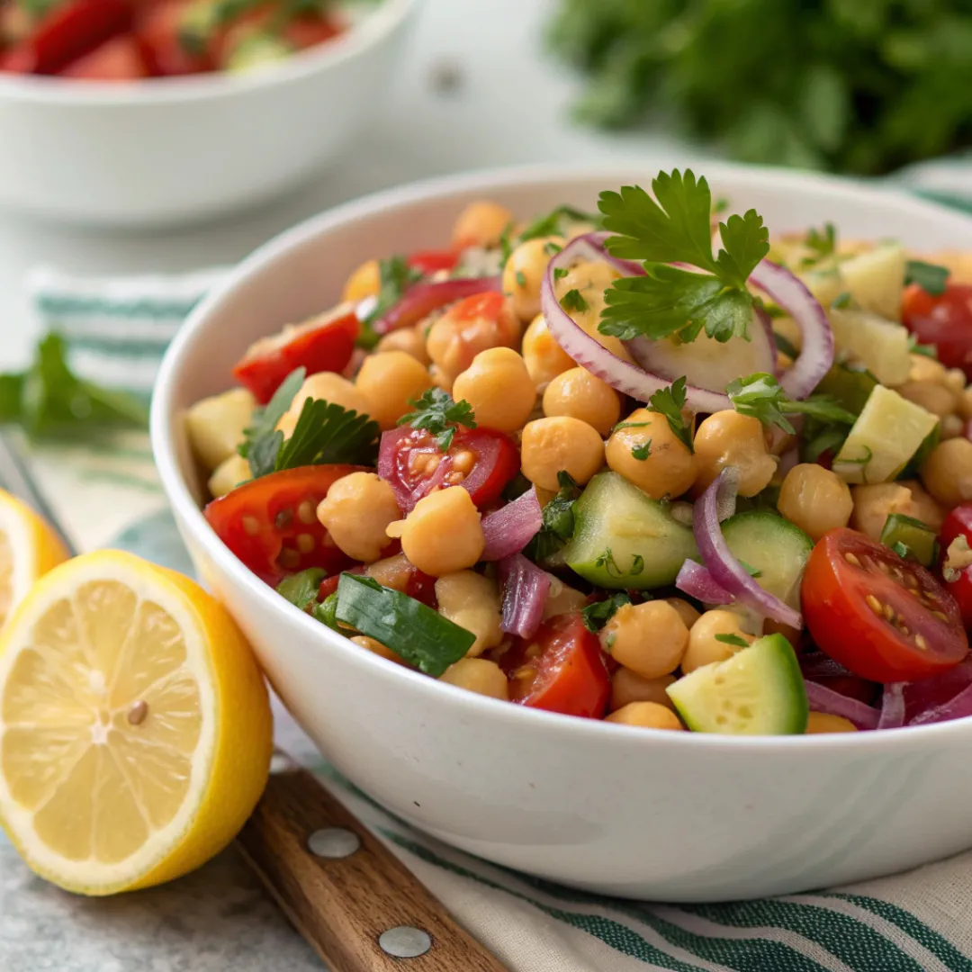 Fresh chickpea salad with vegetables and herbs
