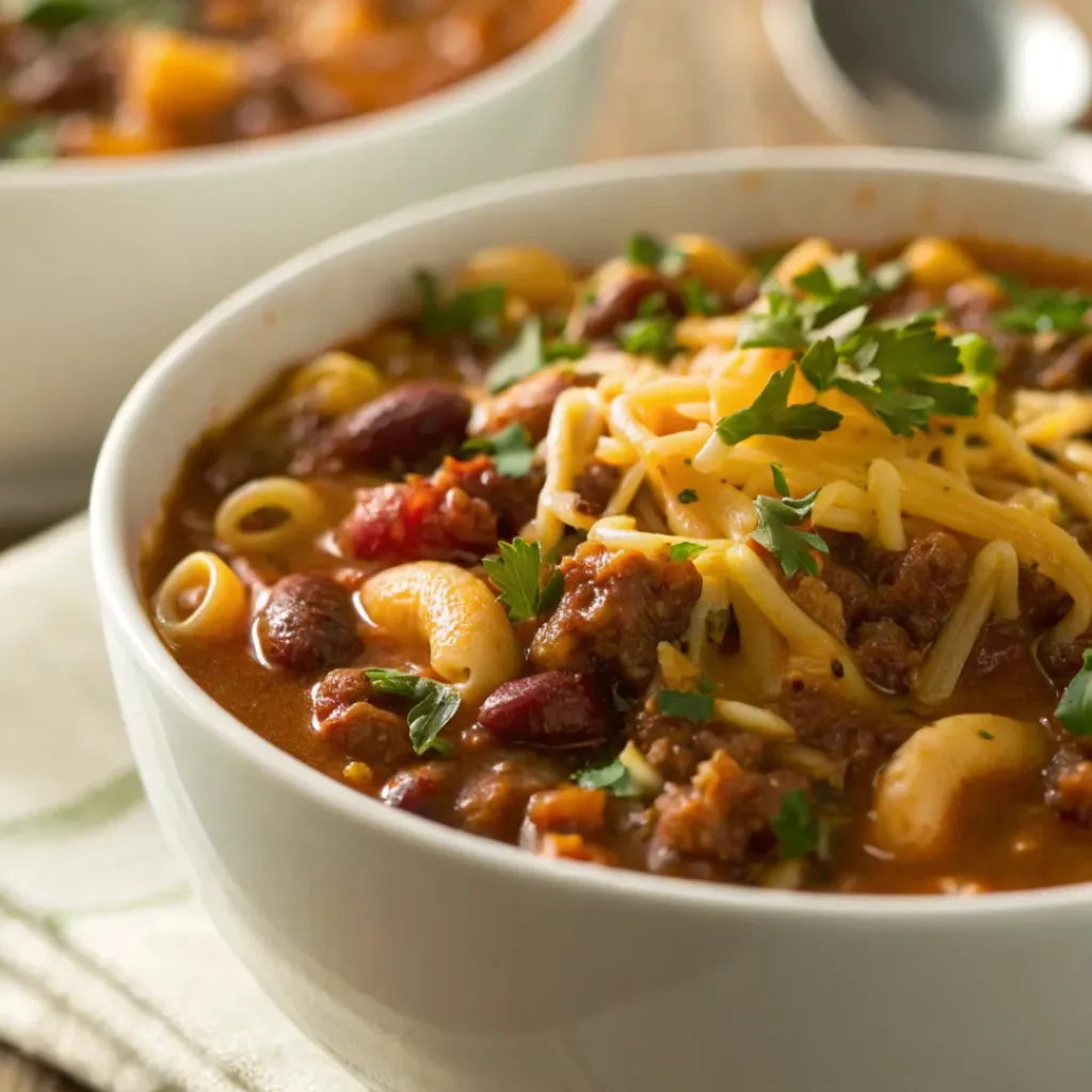 Bowl of Chili Mac Soup topped with shredded cheese and herbs