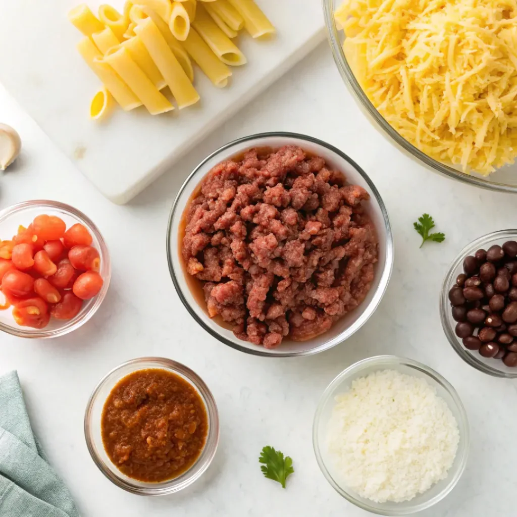 Flat lay of pasta, ground beef, beans, tomatoes, cheese, and spices