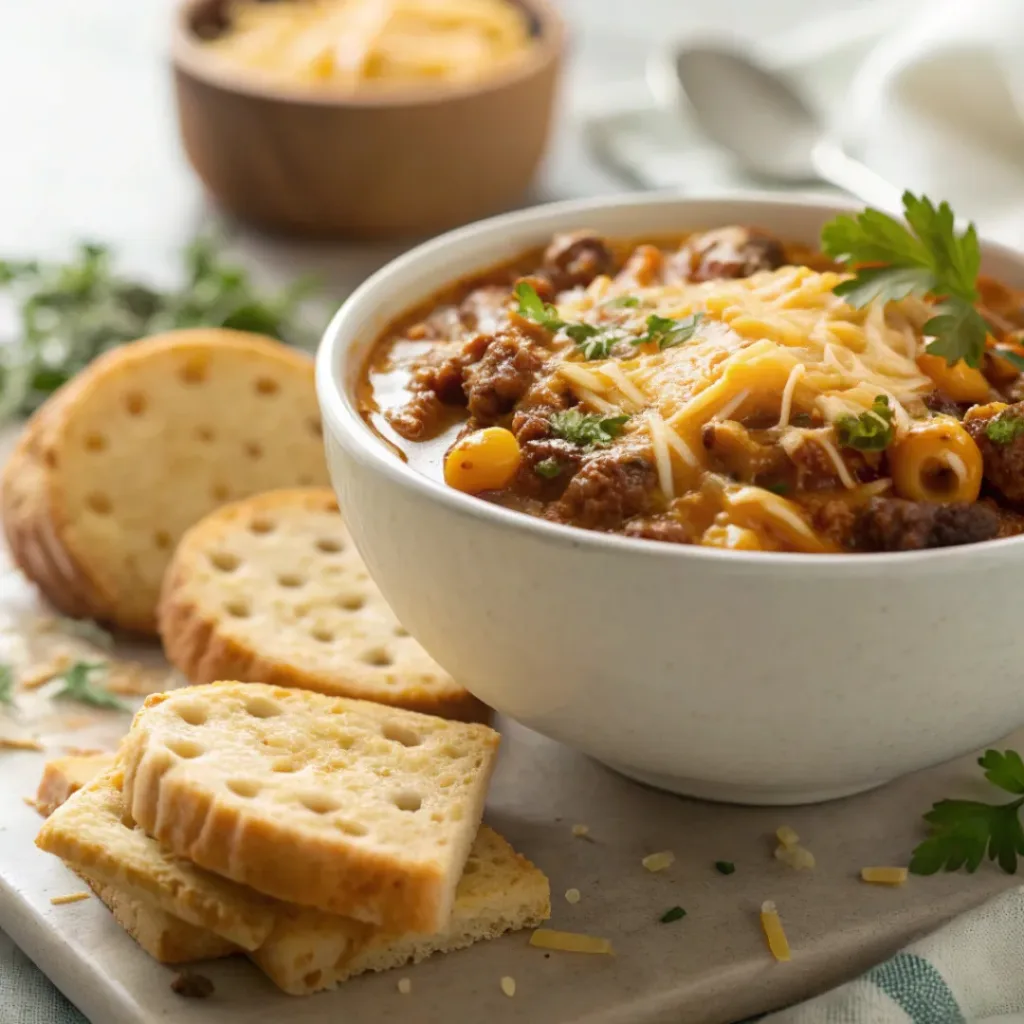 Chili Mac Soup served with bread or crackers