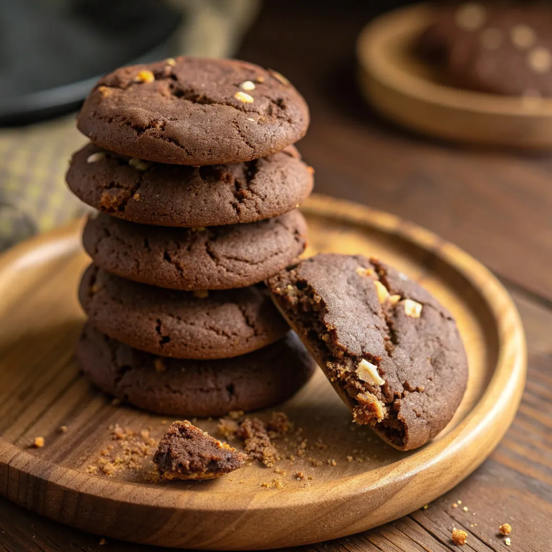 Close-up of Chocolate Butter Cookies stacked on a plate
