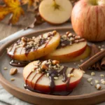 Close-up of chocolate-drizzled caramel apple slices