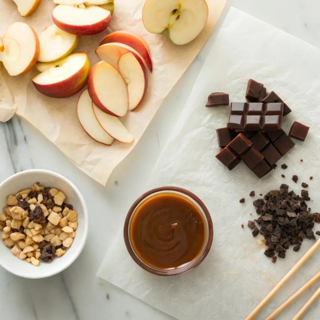 Decadent Chocolate Caramel Apple Slices 6 Overhead flat lay of ingredients for chocolate caramel apple slices