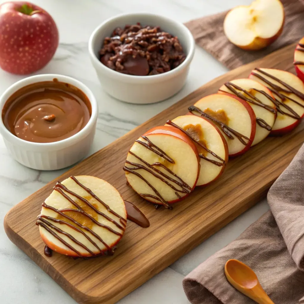 Decadent Chocolate Caramel Apple Slices 8 Chocolate caramel apple slices plated with extra caramel and chocolate drizzle