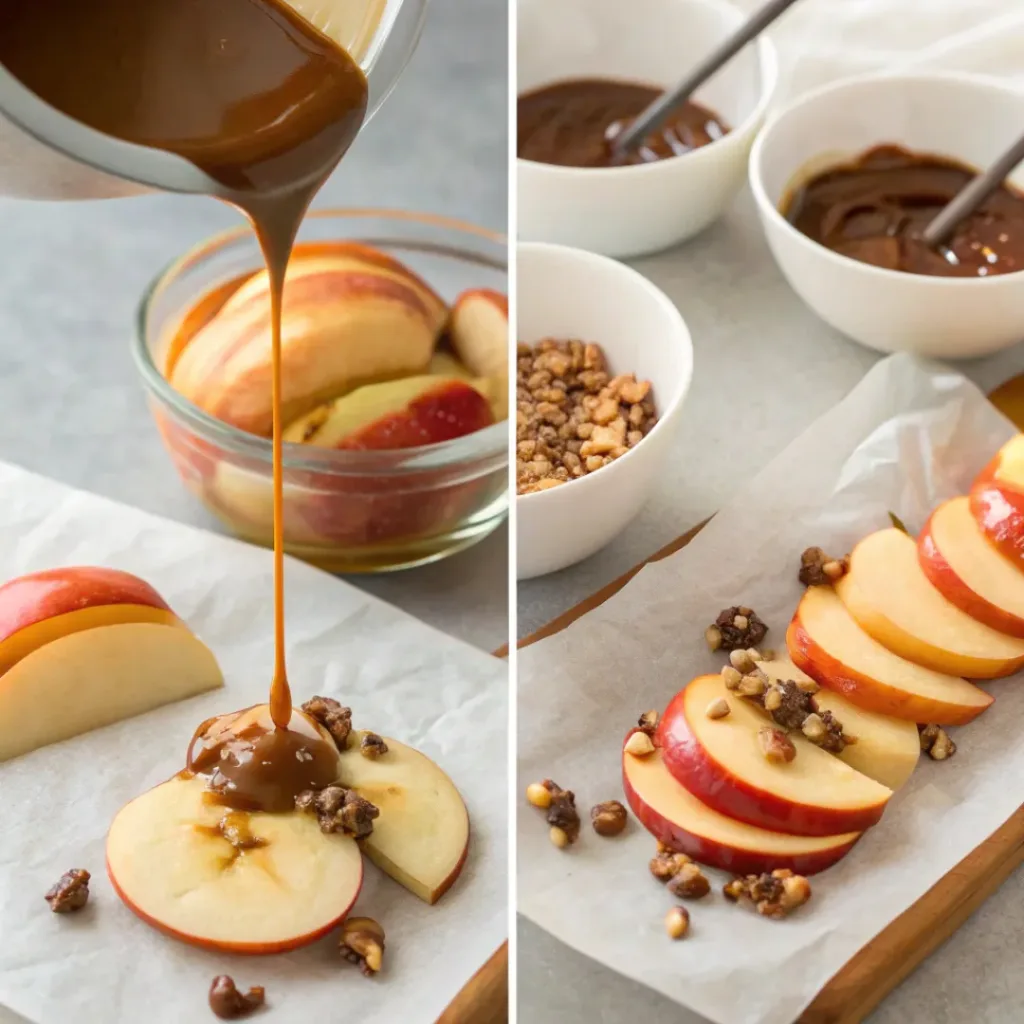 Decadent Chocolate Caramel Apple Slices 7 Step-by-step collage showing preparation of chocolate caramel apple slices
