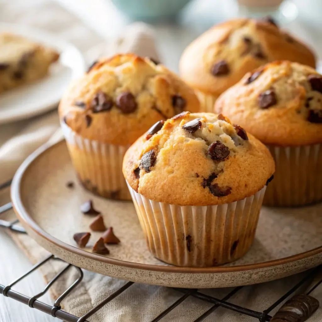 Plate of soft chocolate chip muffins with melty chips
