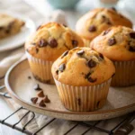 Plate of soft chocolate chip muffins with melty chips