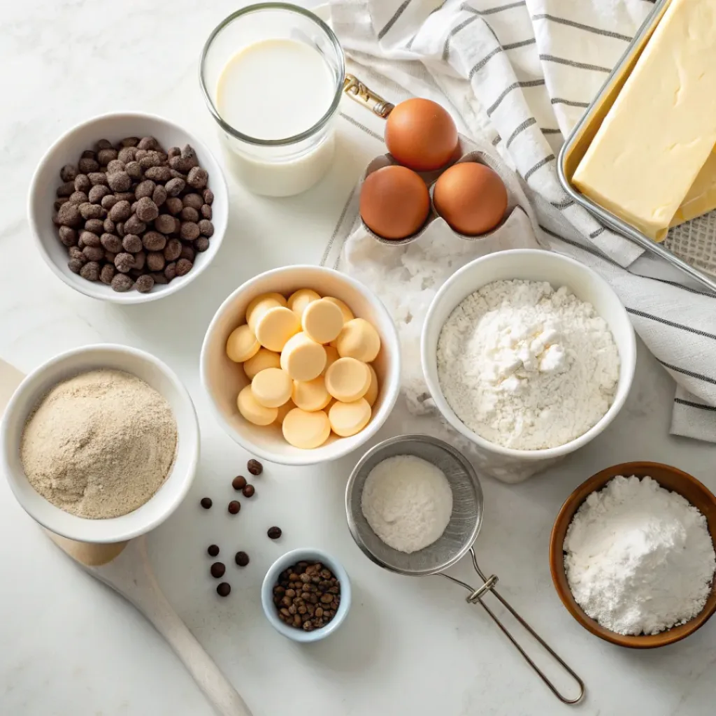 Flat lay of flour, sugar, butter, eggs, chocolate chips, and baking essentials