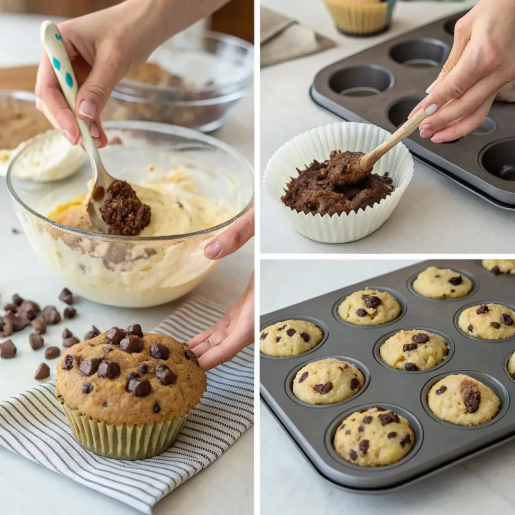 Collage showing steps to make chocolate chip muffins