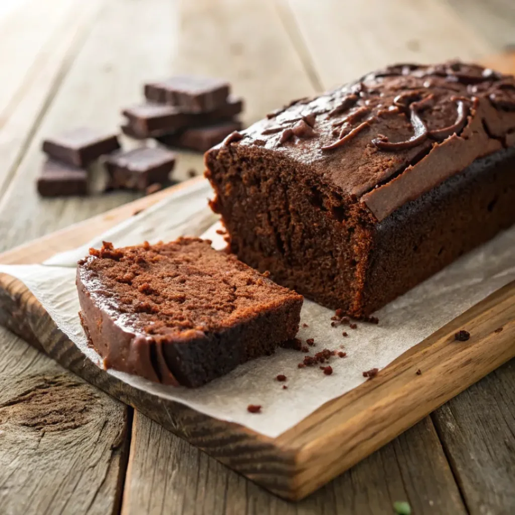 Sliced chocolate loaf cake on a plate