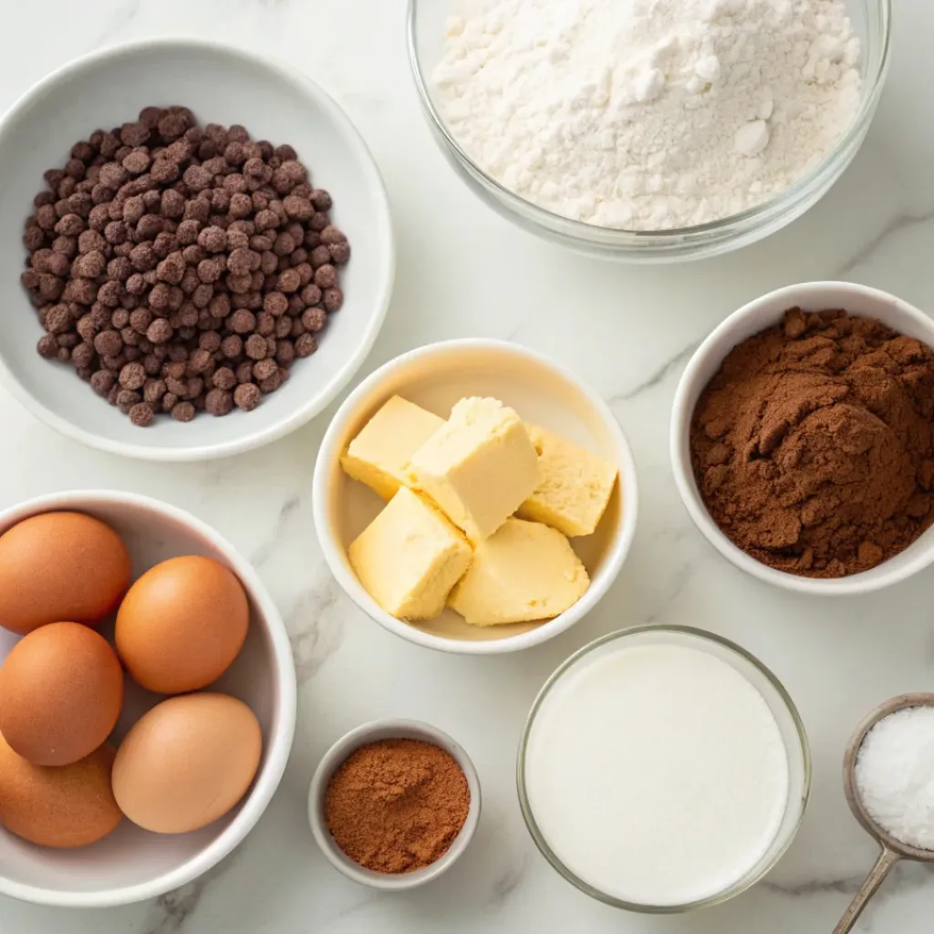 Flat lay of flour, cocoa, sugar, eggs, and butter for chocolate loaf cake