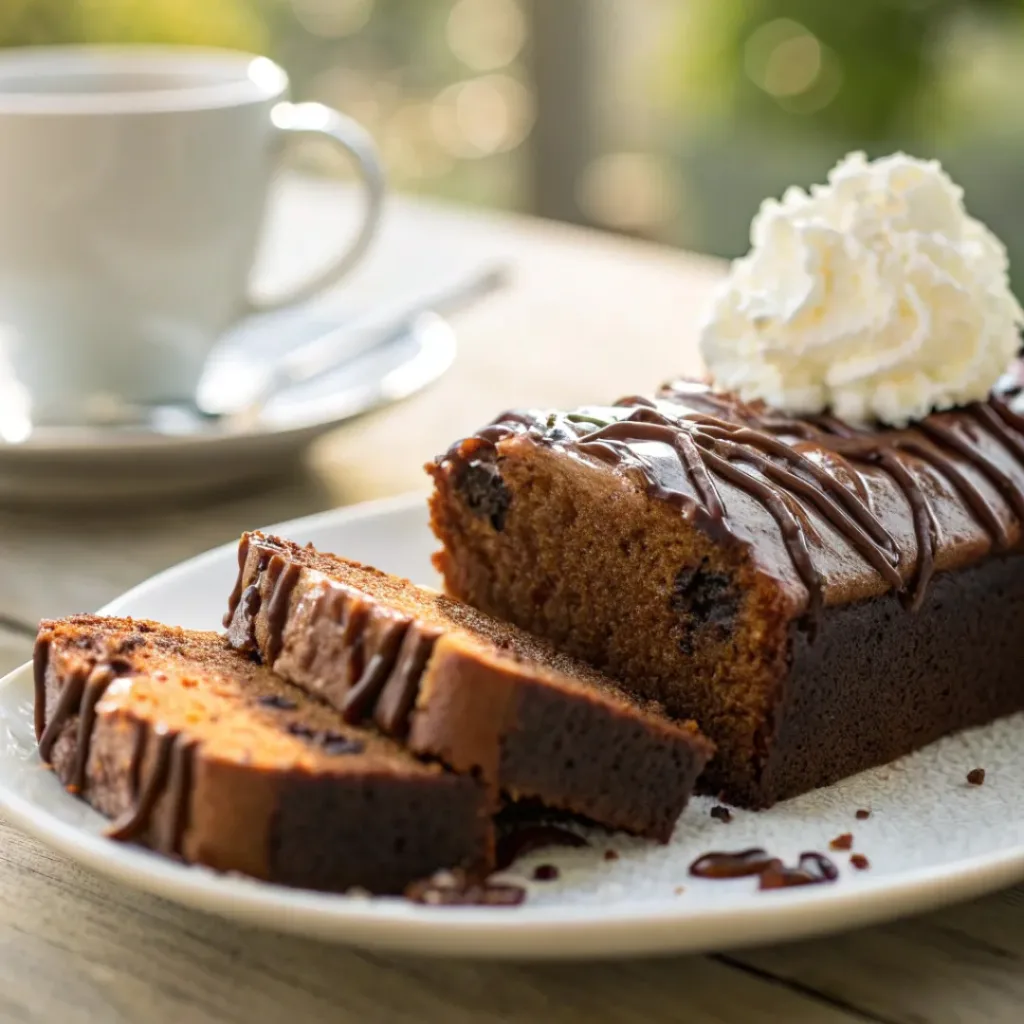 Slice of chocolate loaf cake served with chocolate drizzle or whipped cream