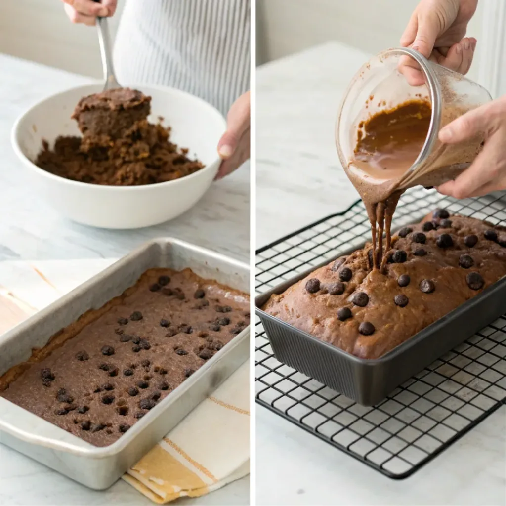 Collage showing steps to make chocolate loaf cake