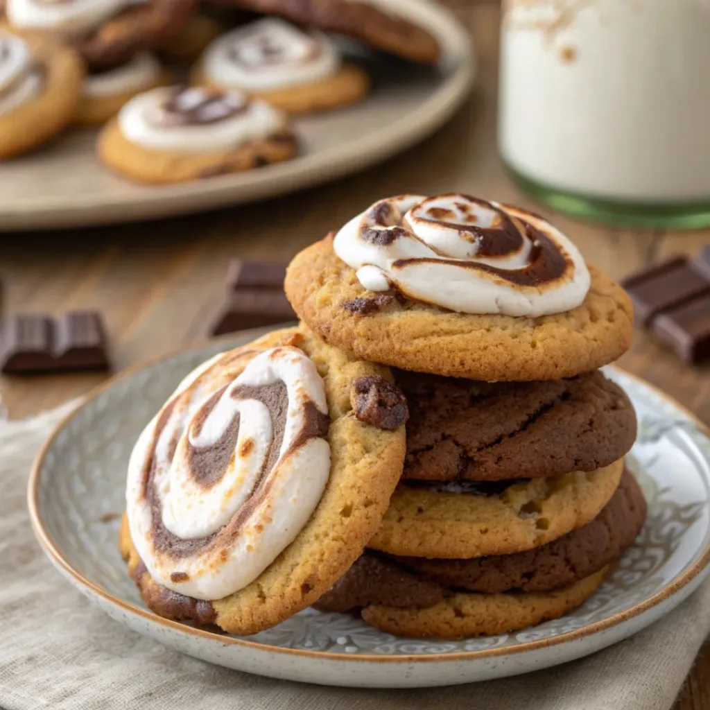 Close-up of Chocolate Marshmallow Swirl Cookies stacked on a plate