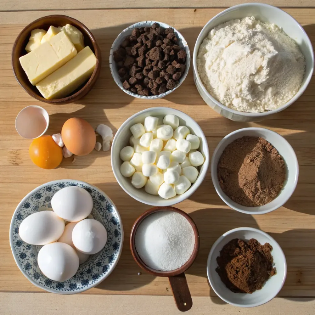 Flat lay of Chocolate Marshmallow Swirl Cookies ingredients