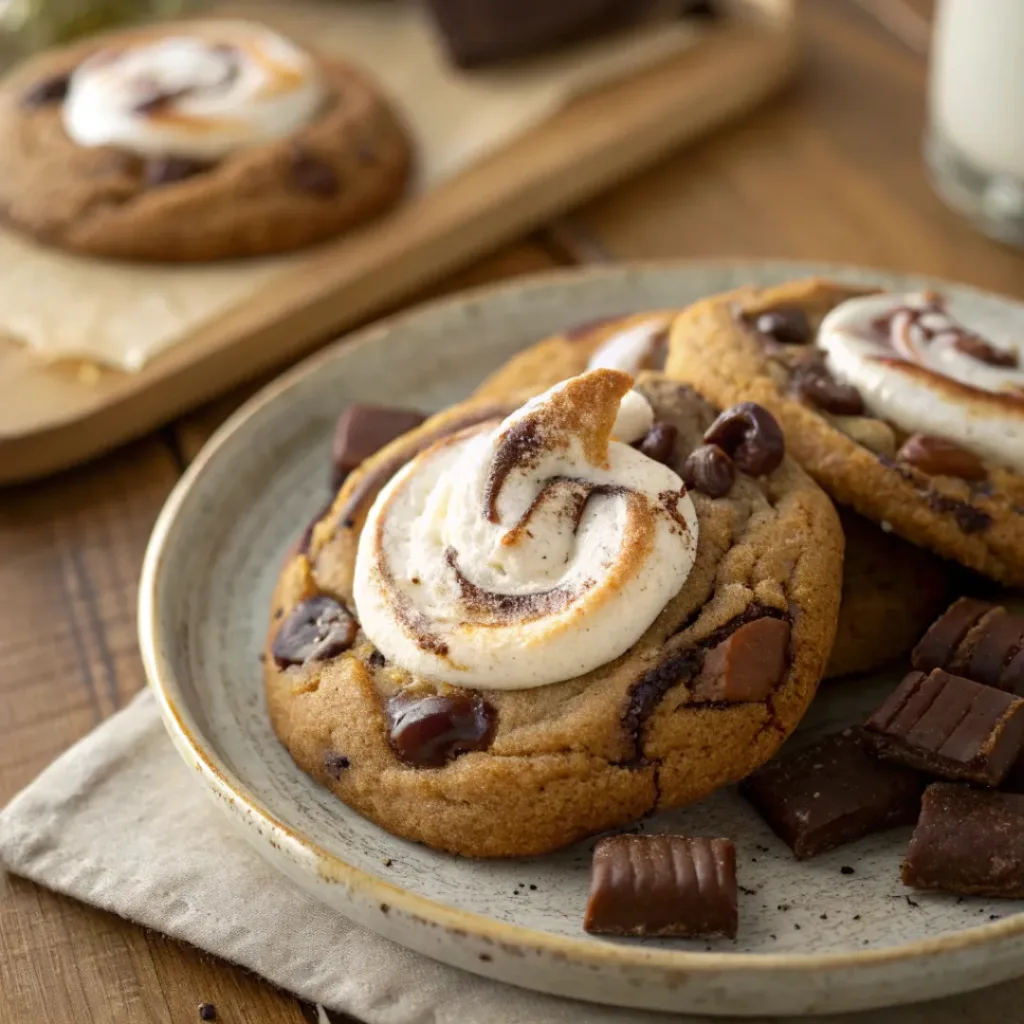 Served Chocolate Marshmallow Swirl Cookies on rustic plate