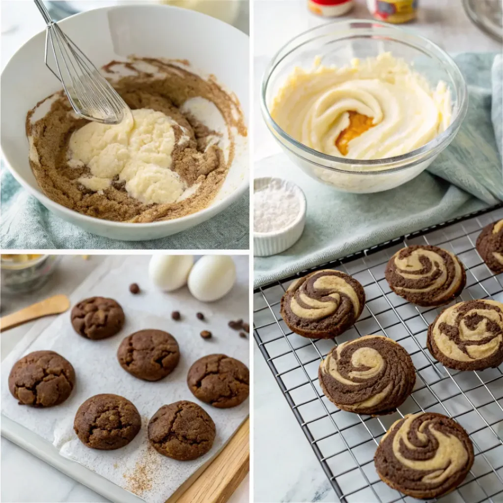 Collage of making Chocolate Marshmallow Swirl Cookies