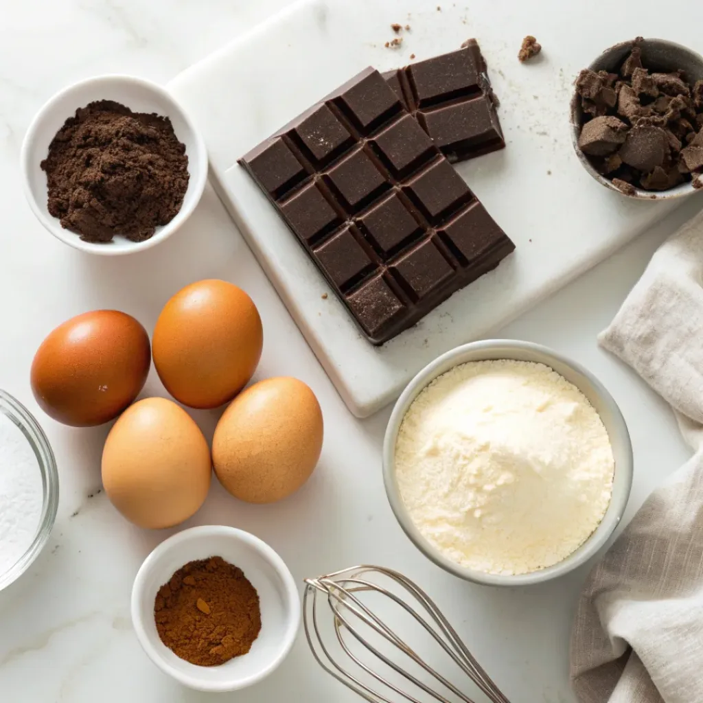 Flat lay of ingredients including chocolate, eggs, butter, sugar, cream, and cocoa powder
