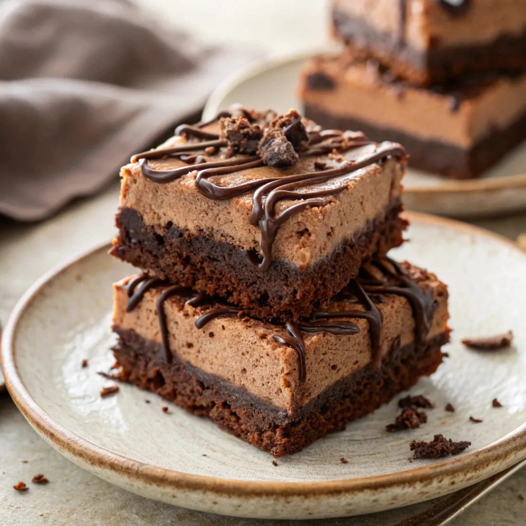 Chocolate Mousse Brownies with rich mousse topping on a plate