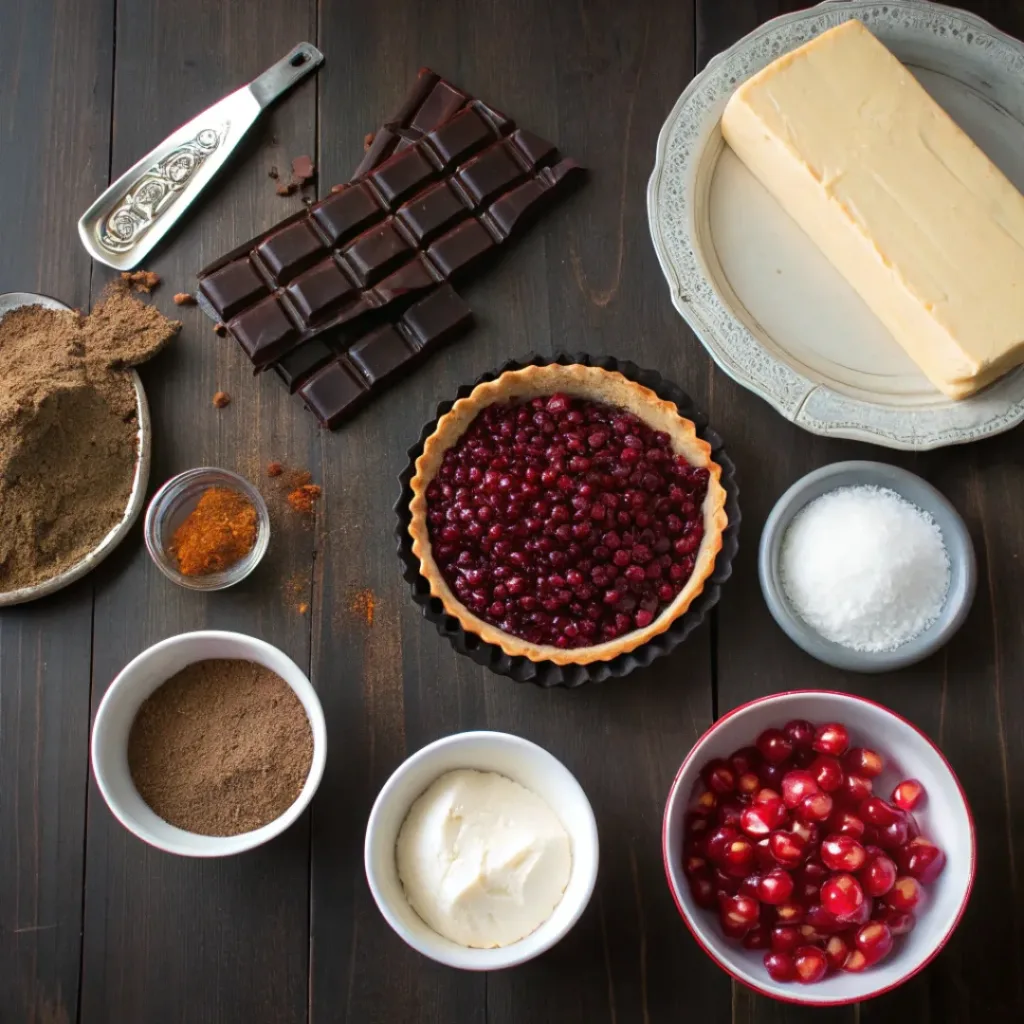 Chocolate Pomegranate Tart – Rich, Stunning, and Easy to Make 6 Overhead flat lay of ingredients for chocolate pomegranate tart