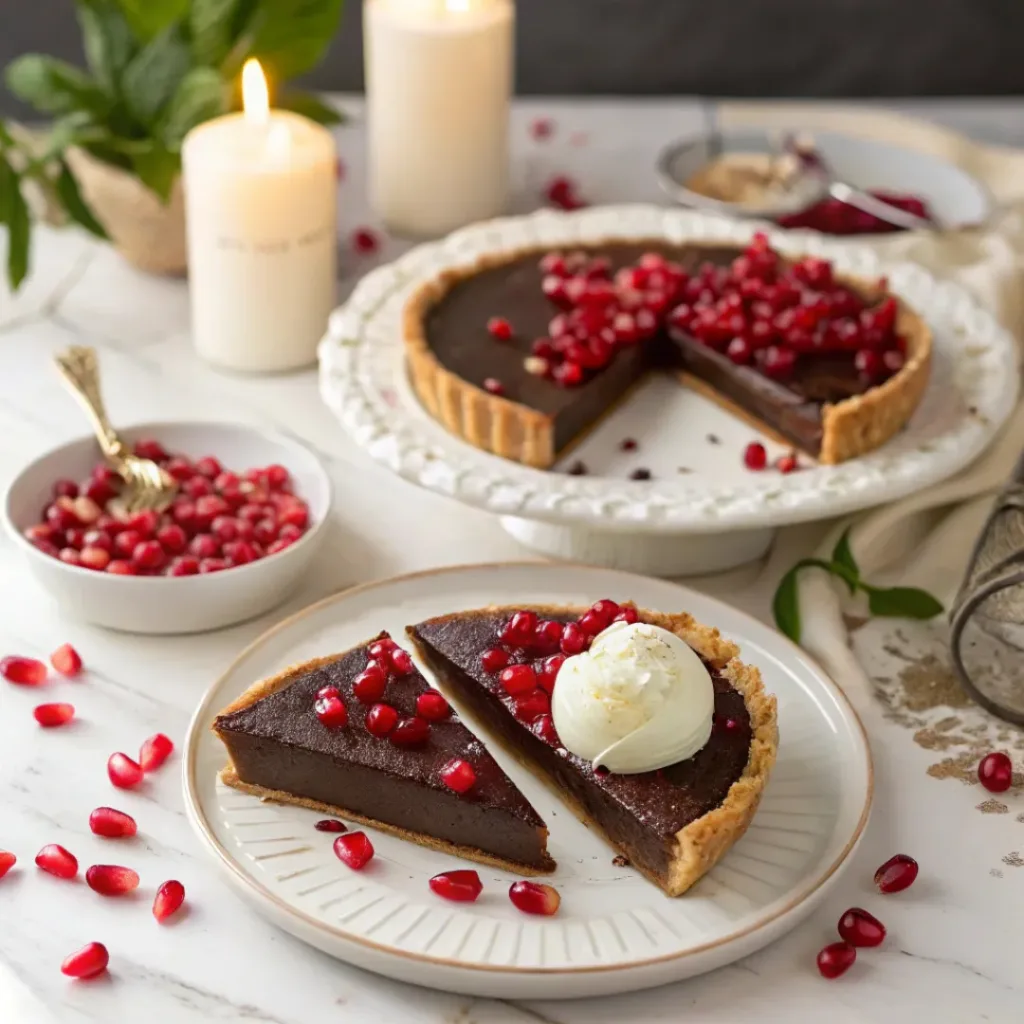 Chocolate Pomegranate Tart – Rich, Stunning, and Easy to Make 8 Slice of chocolate pomegranate tart served with whipped cream